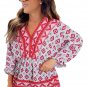 Red Geometric Print 3/4 Sleeve V Neck Shirred Waist Flared Blouse