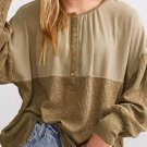 Khaki Ribbed Patchwork Drop Shoulder Buttoned Neckline Blouse