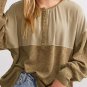 Khaki Ribbed Patchwork Drop Shoulder Buttoned Neckline Blouse