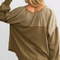 Khaki Ribbed Patchwork Drop Shoulder Buttoned Neckline Blouse