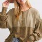 Khaki Ribbed Patchwork Drop Shoulder Buttoned Neckline Blouse