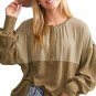 Khaki Ribbed Patchwork Drop Shoulder Buttoned Neckline Blouse