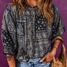 Navy Blue Vintage Boho Paisley Print 3/4 Sleeve Blouse