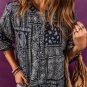 Navy Blue Vintage Boho Paisley Print 3/4 Sleeve Blouse