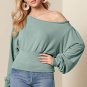 Green Off Shoulder Bishop Sleeve Cinched Waist Blouse