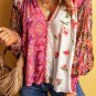Multicolor Floral Patchwork Shirred Cuff Buttoned V Neck Blouse