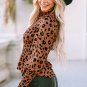 Brown Leopard Smocked Puff Sleeve Peplum Top