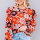 Fiery Red Floral Print Ruffle Puff Sleeve Blouse