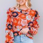 Fiery Red Floral Print Ruffle Puff Sleeve Blouse