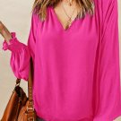 Rose Pleated V Neck Puffy Sleeve Blouse