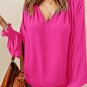 Rose Pleated V Neck Puffy Sleeve Blouse
