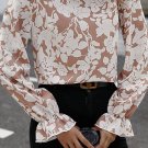 Light French Beige Floral Print Frilled Neckline Flounce Sleeve Blouse
