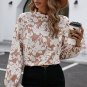 Light French Beige Floral Print Frilled Neckline Flounce Sleeve Blouse