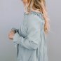 Green Ruffled Square Neck Cuffs Long Sleeve Blouse