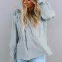 Green Ruffled Square Neck Cuffs Long Sleeve Blouse