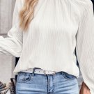 White Frilled Mock Neck Ripple Bubble Sleeve Blouse