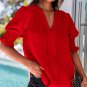 Fiery Red Solid Color Half Sleeve V Neck Blouse