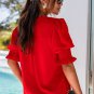 Fiery Red Solid Color Half Sleeve V Neck Blouse