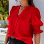 Fiery Red Solid Color Half Sleeve V Neck Blouse