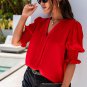 Fiery Red Solid Color Half Sleeve V Neck Blouse