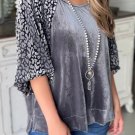 Medium Grey Leopard Splicing Lantern Sleeve Velvet Blouse