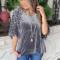 Medium Grey Leopard Splicing Lantern Sleeve Velvet Blouse