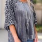 Medium Grey Leopard Splicing Lantern Sleeve Velvet Blouse