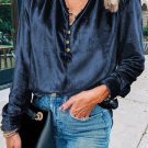 Navy Blue Frilled Neck Buttoned Front Velvet Top