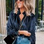 Navy Blue Frilled Neck Buttoned Front Velvet Top