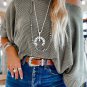 Gray Boatneck Batwing Sleeve Cording Blouse