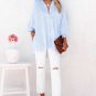 Sky Blue Smocked Cuffed Striped Boyfriend Shirt with Pocket