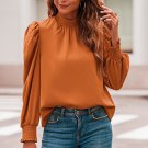 Orange Long Bubble Sleeve Mock Neck Chiffon Blouse
