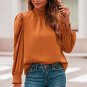 Orange Long Bubble Sleeve Mock Neck Chiffon Blouse