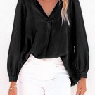 Black Split V Neck Balloon Sleeve Ruched Denim Top