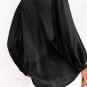 Black Split V Neck Balloon Sleeve Ruched Denim Top