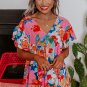Pink Abstract Print V Neck Flutter Sleeve Blouse