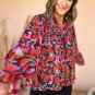 Red Dahlia Abstract Floral Shirred Detail Puff Sleeve Blouse
