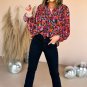 Red Dahlia Abstract Floral Shirred Detail Puff Sleeve Blouse