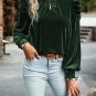 Blackish Green Mock Neck Puff Sleeve Velvet Blouse