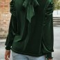 Blackish Green Mock Neck Puff Sleeve Velvet Blouse