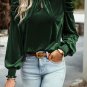 Blackish Green Mock Neck Puff Sleeve Velvet Blouse