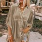 Pale Khaki 3/4 Sleeve Tunic Babydoll Velvet Shirt