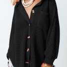 Black Waffle Knit Button Up Casual Shirt