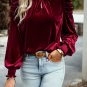 Fiery Red Mock Neck Puff Sleeve Velvet Blouse