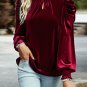 Fiery Red Mock Neck Puff Sleeve Velvet Blouse