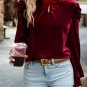 Fiery Red Mock Neck Puff Sleeve Velvet Blouse