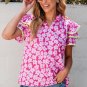 Pink Floral Contrast Ric Rac Layered Ruffle Sleeve Blouse