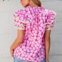 Pink Floral Contrast Ric Rac Layered Ruffle Sleeve Blouse