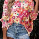 Pink Shirred Cuffs 3/4 Sleeve Floral Blouse