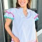 Sky Blue Stripe Ricrac Trim Split Neck Striped Ruffled Sleeve Blouse